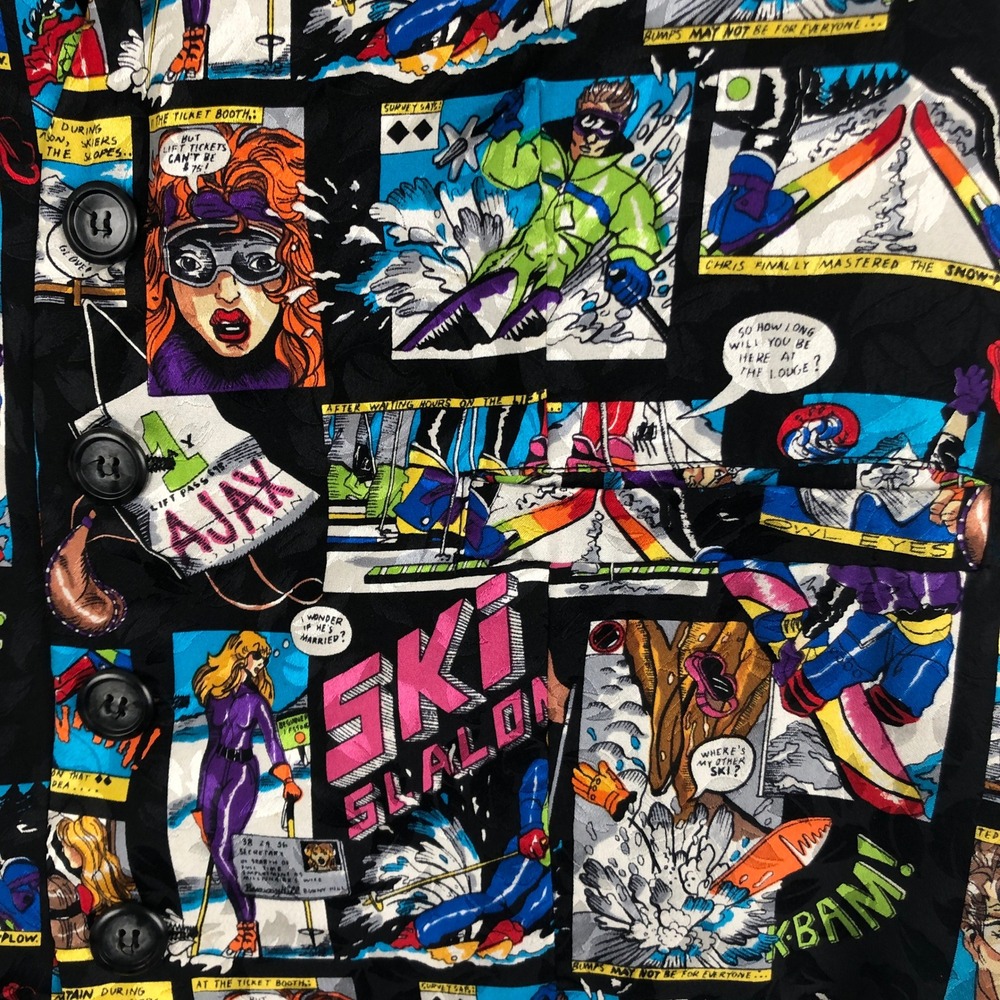VTG NICOLE MILLER 100% Silk Comic Book Novelty Ski Vest Sz XL 44" Black Multi - Picture 3 of 9
